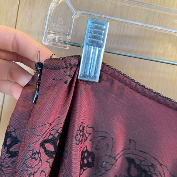 Vintage 90s Flocked Velvet Trim A-Line Midi Skirt Maroon and Black Holiday Party - Picture 5 of 8